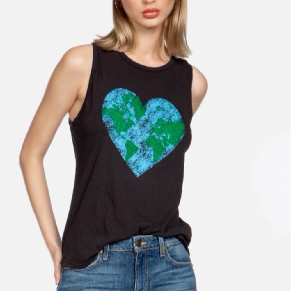 Lauren Moshi Black Tank Top with Blue and Green Heart Graphic